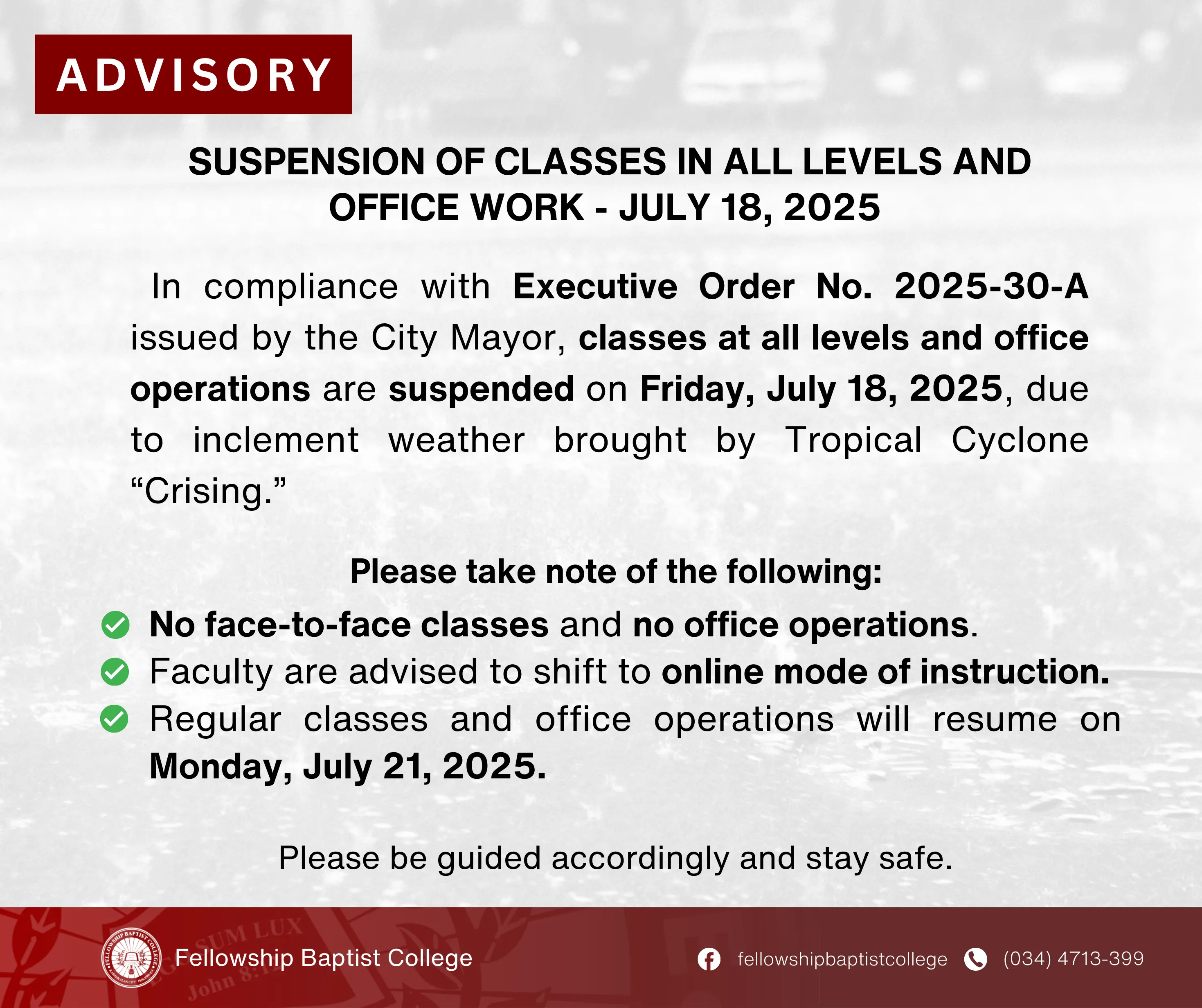SUSPENSION OF CLASSES AND OFFICE WORK – JULY 18, 2025.